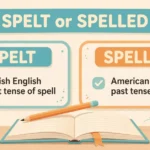 Spelt or spelled infographic card explaining the British and American past tense forms of the verb spell