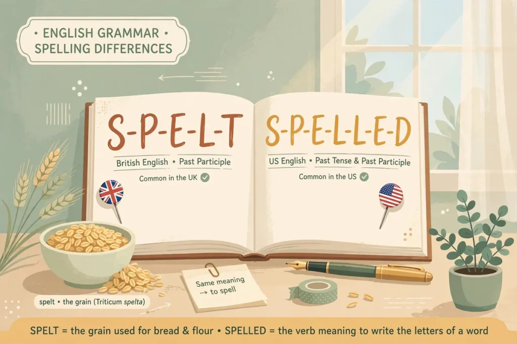 Open book showing the words spelt and spelled with a bowl of spelt grain and UK and US flag pins