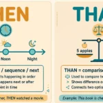 Then or than infographic comparing the word then (time and sequence, timeline motif) with the word than (comparison, balance-scale motif)