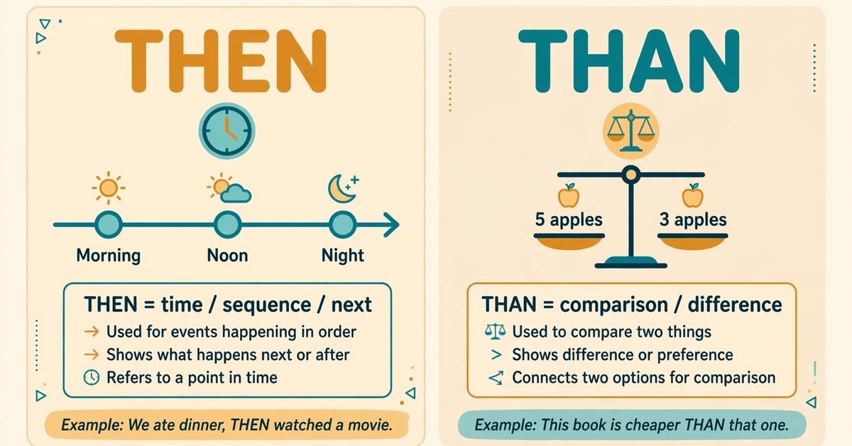 Then or than infographic comparing the word then (time and sequence, timeline motif) with the word than (comparison, balance-scale motif)