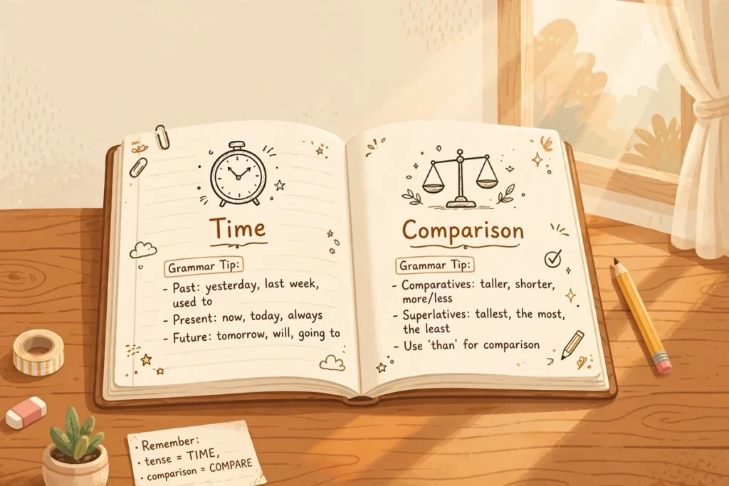 Open notebook with pencil showing grammar doodles of a clock for then and a balance scale for than