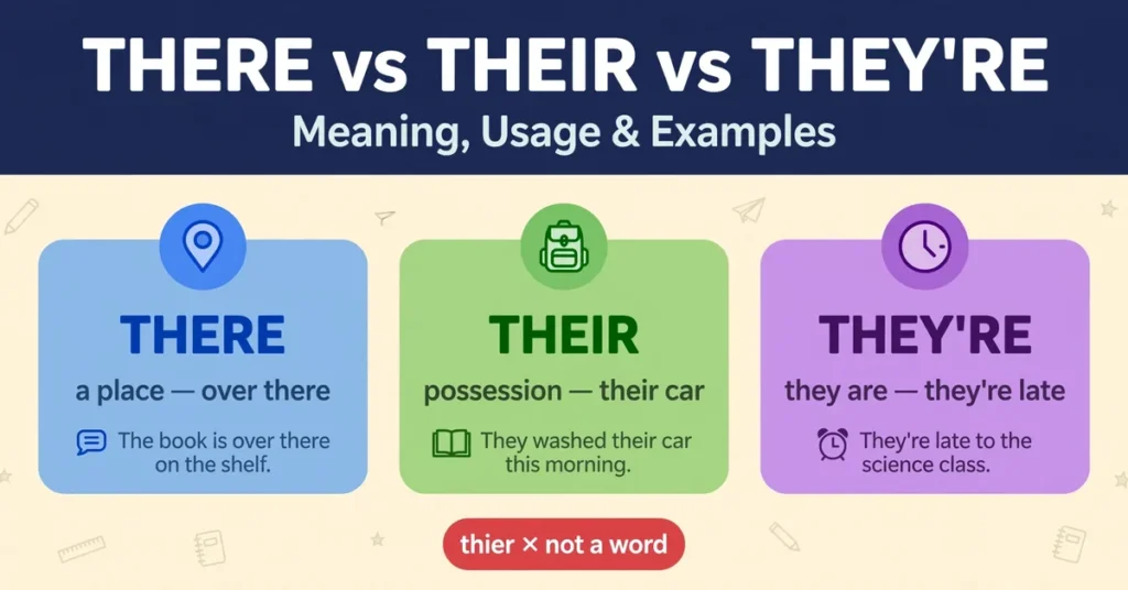 There vs their vs they're grammar infographic card showing meaning and usage of each word