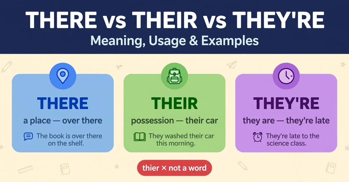 There vs their vs they're grammar infographic card showing meaning and usage of each word
