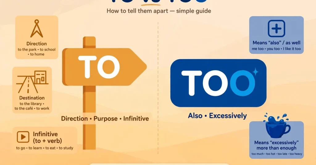 Infographic comparing "to" vs "too" — signpost for direction and verb infinitives versus word cards for "also" and "excessively"