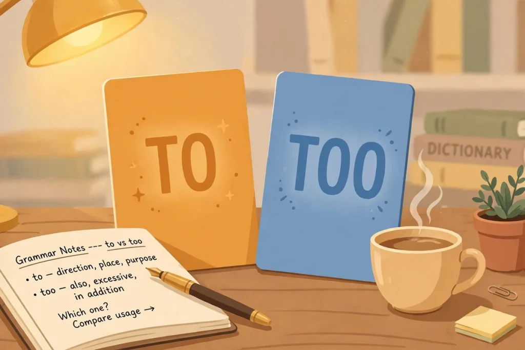 Writer's desk with "TO" and "TOO" word cards being compared while writing