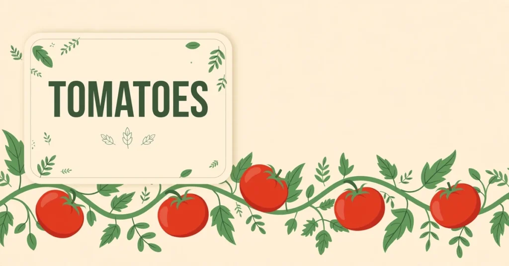 Illustration of ripe red tomatoes on a vine with a card reading "TOMATOES", showing the correct plural spelling of tomato