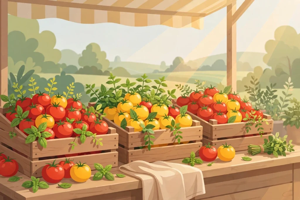 Farmers market stall with wooden crates of fresh red and yellow tomatoes