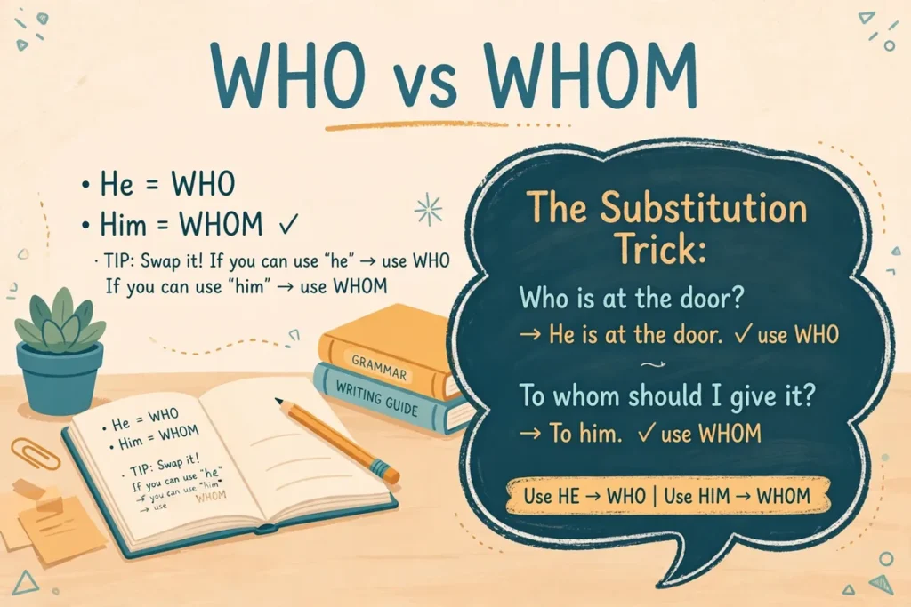 Educational illustration of a desk scene showing the he and him substitution trick for who vs whom