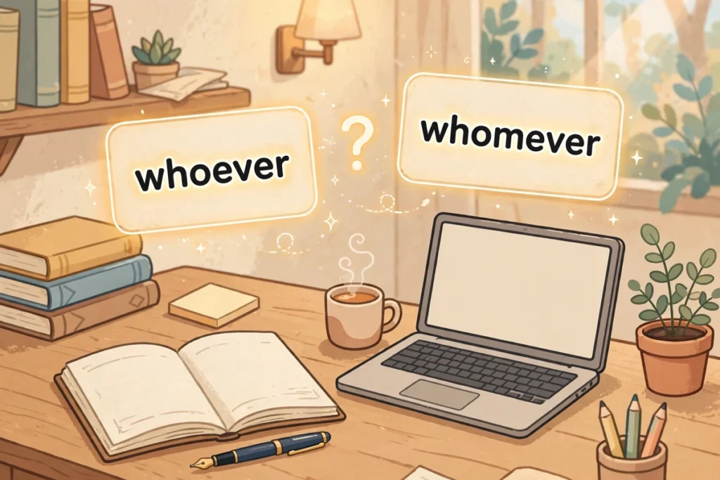 Cozy writer's desk illustration with glowing whoever and whomever word cards and a question mark