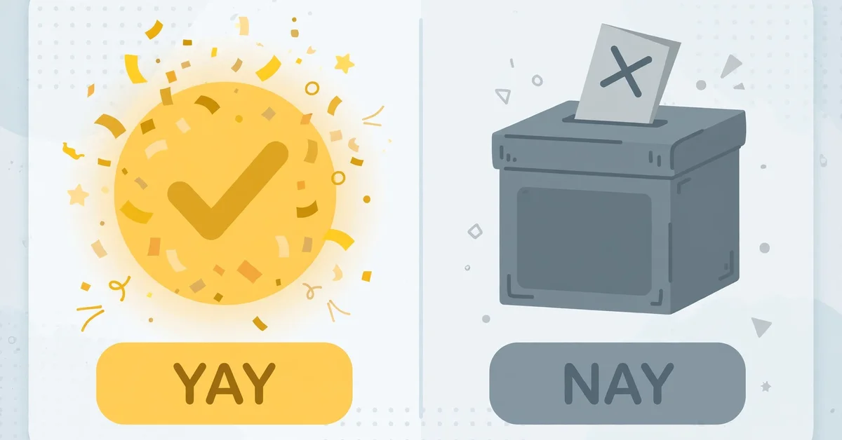Infographic comparing yay meaning approval and excitement with nay meaning a formal no vote