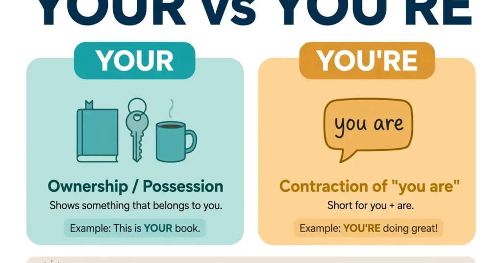 Educational infographic comparing your vs you're: your shows possession, you're is the contraction of you are